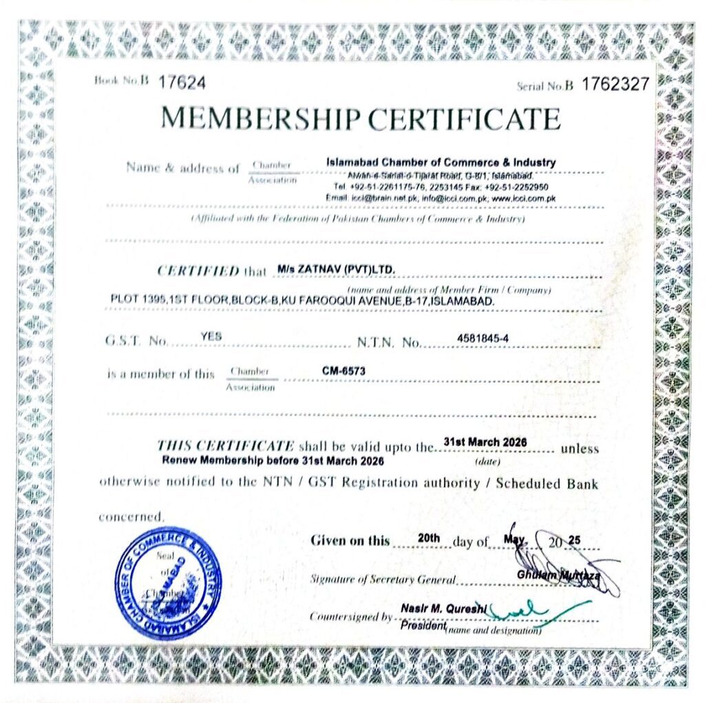 MEMBERSHIP iSLAMABAD CHAMBER OF COMMERCE CERTIFICATE ZATNAV