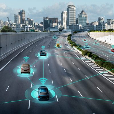 Autonomous car sensor system concept for safety of driverless mode car control . Future adaptive cruise control sensing nearby vehicle and pedestrian . Smart transportation technology .